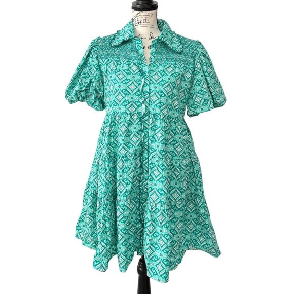Hyacinth House Shirt Mini Dress Geo Floral Graham Mint Green Cotton Women Size M - Picture 1 of 8